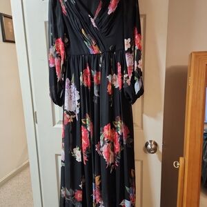 Adrianna Papell Black Maxi Dress with Pink, Purple & Green Floral Print